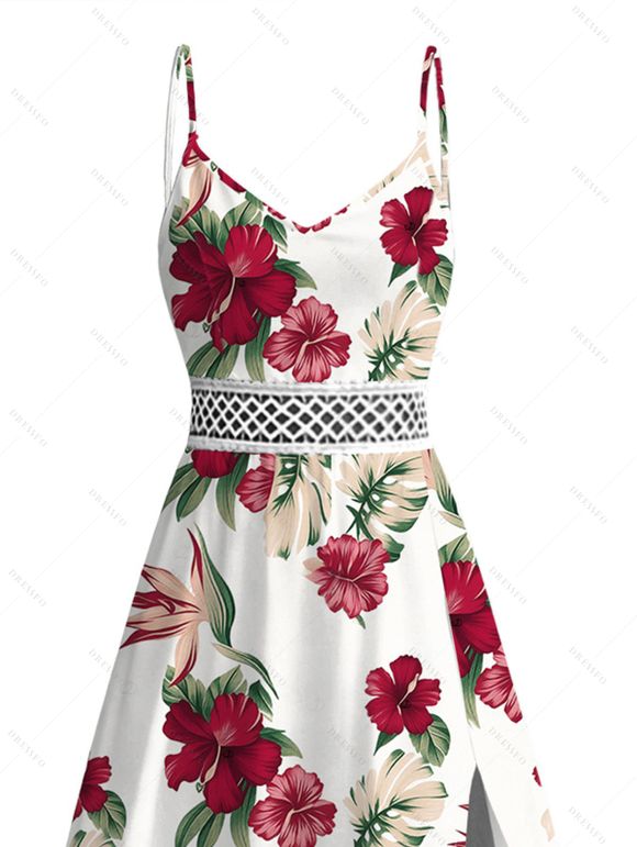 Hawaii Vacation Dress Tropical Hibiscus Floral Leaf Print Lace Hollow Out Slit Dress - Blanc XXXXXL | US 20