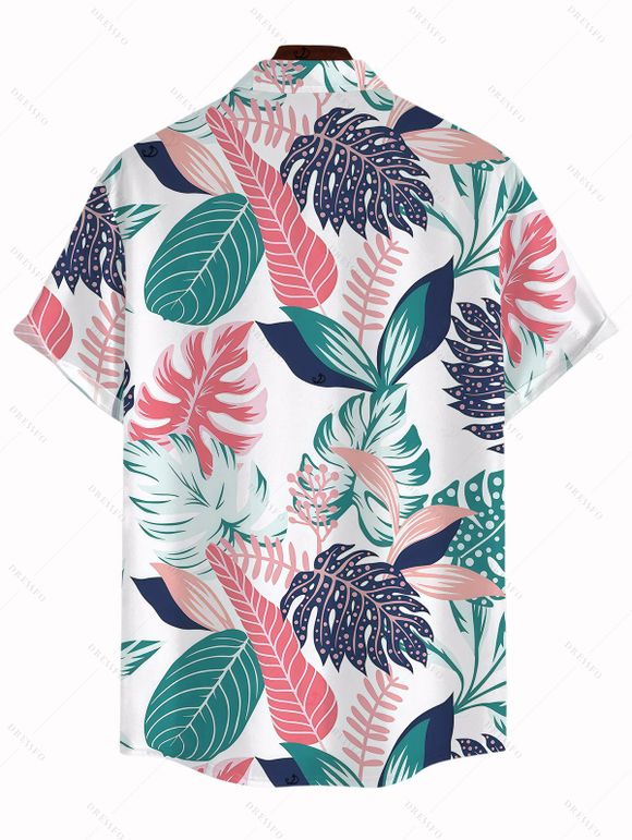 Men's Hawaii Vacation Shirt Colorblock Tropical Monstera Leaf Print Button Up Shirt - Blanc 5XL