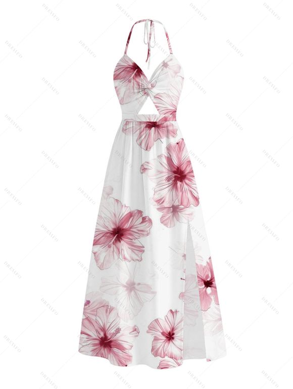 Vacation Couple Outfit Watercolor Hibiscus Floral Pattern Twisted Cut Out Slit Halter Dress and Shirt Set - Blanc S | US 4
