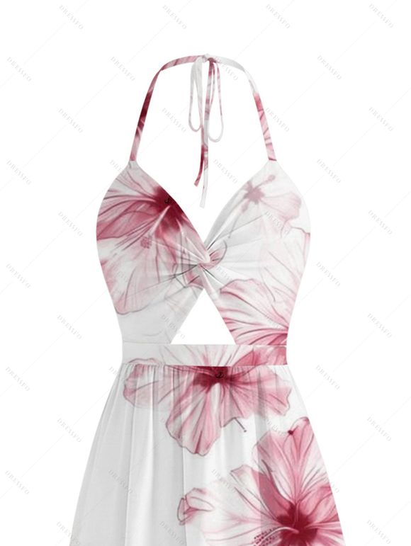 Vacation Couple Outfit Watercolor Hibiscus Floral Pattern Twisted Cut Out Slit Halter Dress and Shirt Set - Blanc S | US 4
