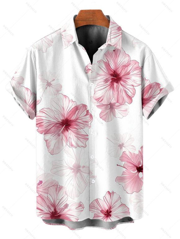 Vacation Couple Outfit Watercolor Hibiscus Floral Pattern Twisted Cut Out Slit Halter Dress and Shirt Set - Blanc S | US 4