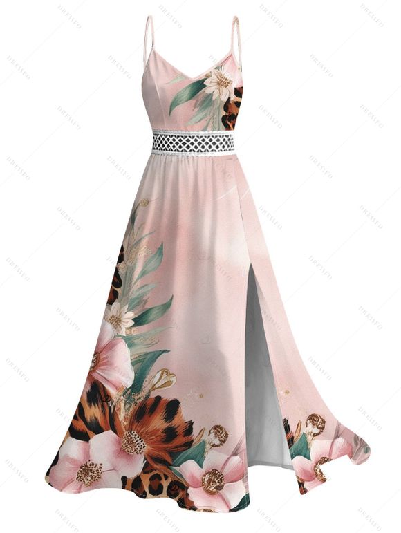 Hawaii Vacation Couple Outfit Leopard Watercolor Floral Print Lace Hollow Out Slit Dress and Shirt Set - Rose S | US 4