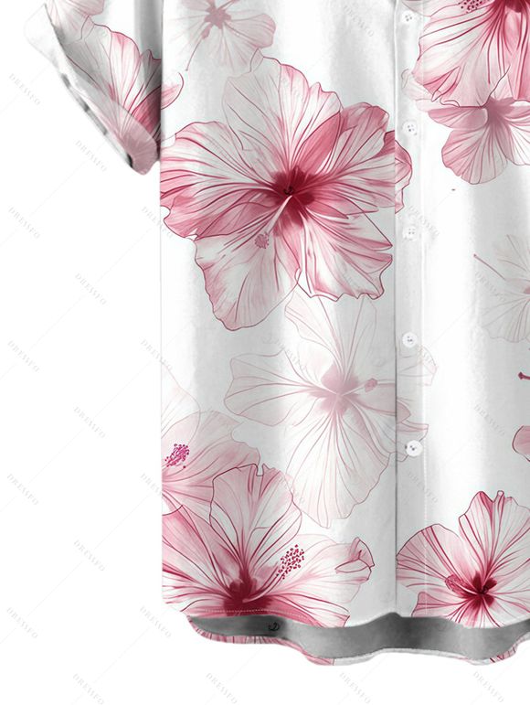 Vacation Couple Outfit Watercolor Hibiscus Floral Pattern Twisted Cut Out Slit Halter Dress and Shirt Set - Blanc S | US 4