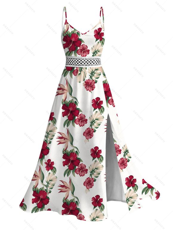 Hawaii Vacation Couple Outfit Tropical Hibiscus Floral Leaf Print Lace Hollow Out Slit Dress and Shirt Set - Blanc S | US 4