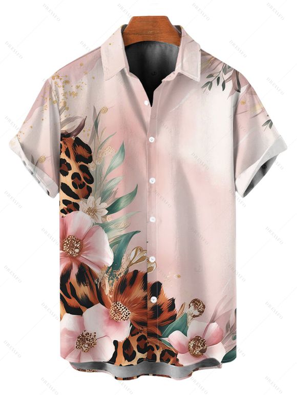 Hawaii Vacation Couple Outfit Leopard Watercolor Floral Print Lace Hollow Out Slit Dress and Shirt Set - Rose S | US 4