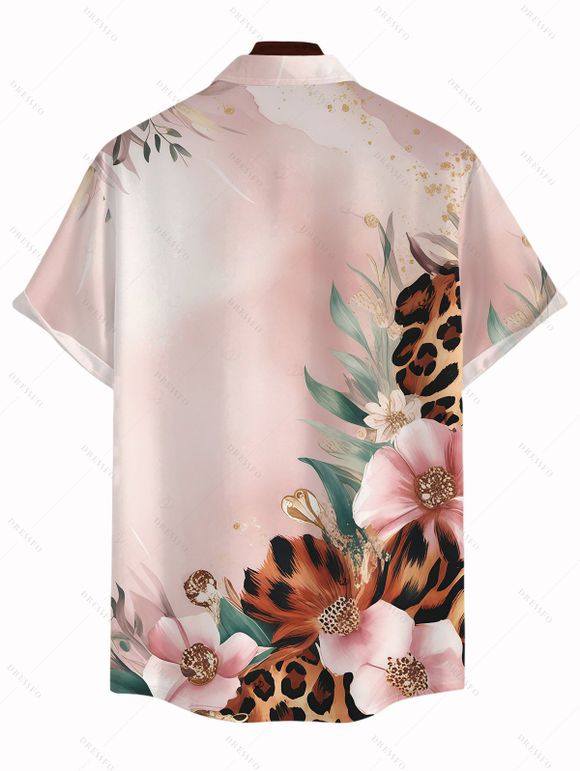 Hawaii Vacation Couple Outfit Leopard Watercolor Floral Print Lace Hollow Out Slit Dress and Shirt Set - Rose S | US 4