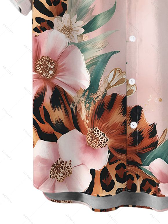 Hawaii Vacation Couple Outfit Leopard Watercolor Floral Print Lace Hollow Out Slit Dress and Shirt Set - Rose S | US 4