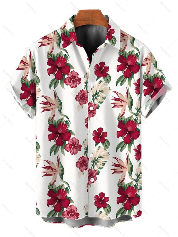 Hawaii Vacation Couple Outfit Tropical Hibiscus Floral Leaf Print Lace Hollow Out Slit Dress and Shirt Set - Blanc S | US 4