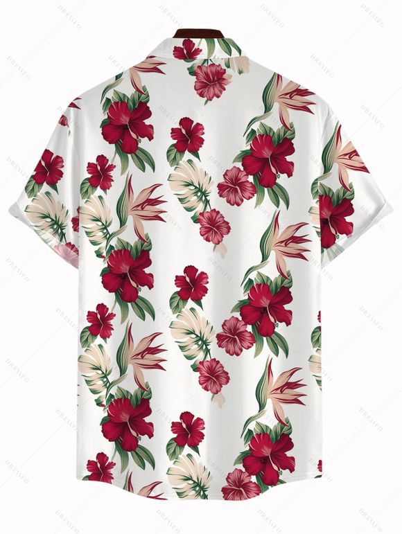 Hawaii Vacation Couple Outfit Tropical Hibiscus Floral Leaf Print Lace Hollow Out Slit Dress and Shirt Set - Blanc S | US 4