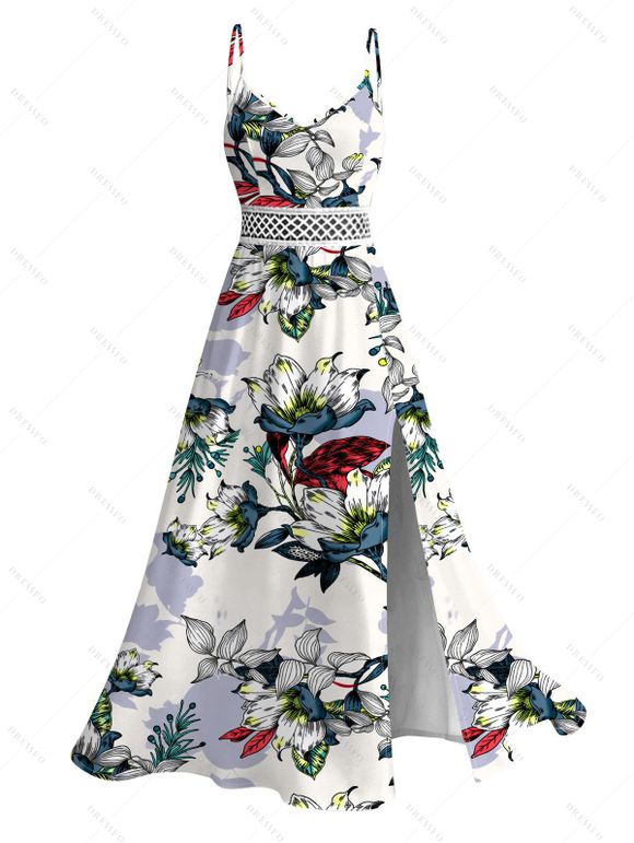 Vacation Couple Outfit Sketch Style Tropical Blossom Leaf Pattern Lace Hollow Out Slit Dress and Shirt Set - Blanc S | US 4