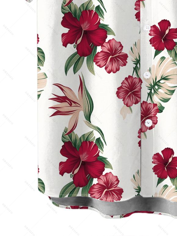 Hawaii Vacation Couple Outfit Tropical Hibiscus Floral Leaf Print Lace Hollow Out Slit Dress and Shirt Set - Blanc S | US 4