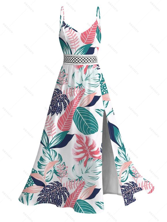 Hawaii Vacation Couple Outfit Colorblock Tropical Monstera Leaf Print Lace Hollow Out Slit Dress and Shirt Set - Blanc S | US 4