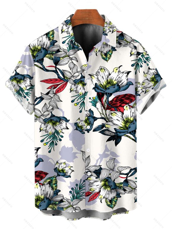 Vacation Couple Outfit Sketch Style Tropical Blossom Leaf Pattern Lace Hollow Out Slit Dress and Shirt Set - Blanc S | US 4