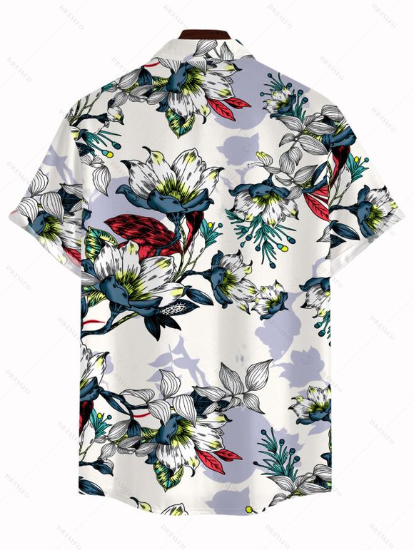 Vacation Couple Outfit Sketch Style Tropical Blossom Leaf Pattern Lace Hollow Out Slit Dress and Shirt Set - Blanc S | US 4