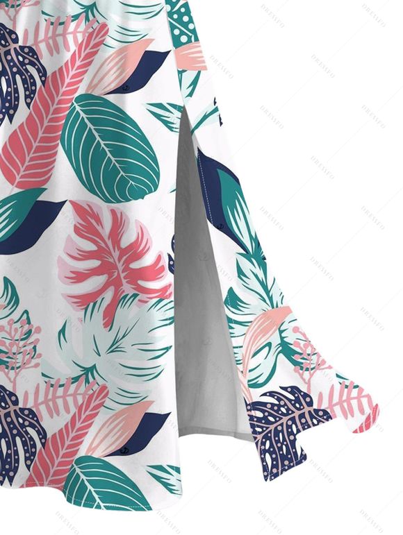 Hawaii Vacation Couple Outfit Colorblock Tropical Monstera Leaf Print Lace Hollow Out Slit Dress and Shirt Set - Blanc S | US 4