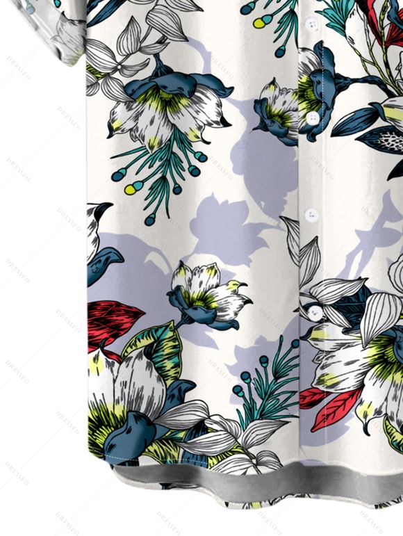 Vacation Couple Outfit Sketch Style Tropical Blossom Leaf Pattern Lace Hollow Out Slit Dress and Shirt Set - Blanc S | US 4