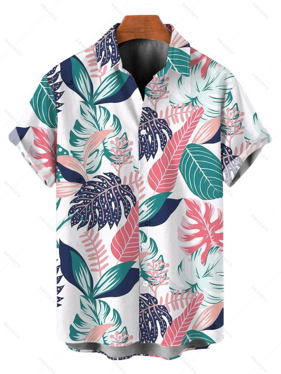 Hawaii Vacation Couple Outfit Colorblock Tropical Monstera Leaf Print Lace Hollow Out Slit Dress and Shirt Set - Blanc S | US 4