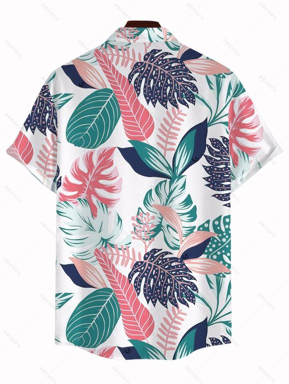Hawaii Vacation Couple Outfit Colorblock Tropical Monstera Leaf Print Lace Hollow Out Slit Dress and Shirt Set - Blanc S | US 4
