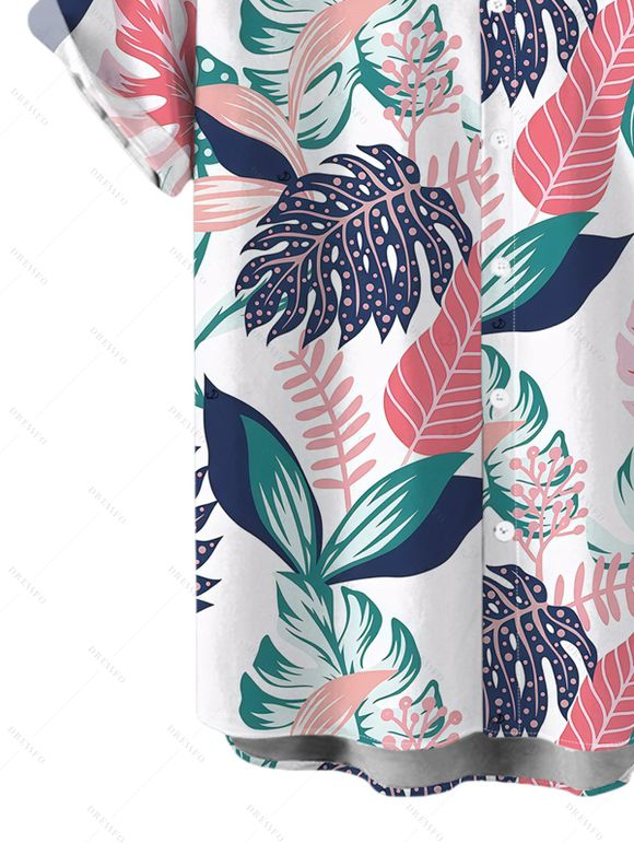 Hawaii Vacation Couple Outfit Colorblock Tropical Monstera Leaf Print Lace Hollow Out Slit Dress and Shirt Set - Blanc S | US 4