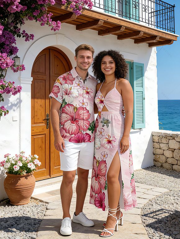 Vacation Couple Outfit Hibiscus Floral Print Twisted Cut Out Slit Halter Dress and Shirt Set - Rose clair S | US 4