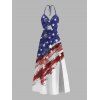 Independence Day Couple Outfit American Flag Elements Print Twisted Cut Out Slit Halter Dress and Shirt Set - multicolor S | US 4