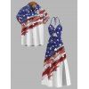 Independence Day Couple Outfit American Flag Elements Print Twisted Cut Out Slit Halter Dress and Shirt Set - multicolor S | US 4