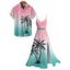 Vacation Couple Outfit Ombre Coconut Tree Print Lace Hollow Out Slit Dress and Shirt Set - Rose S | US 4