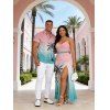 Vacation Couple Outfit Ombre Coconut Tree Print Lace Hollow Out Slit Dress and Shirt Set - Rose S | US 4