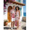 Vacation Couple Outfit Hibiscus Floral Print Twisted Cut Out Slit Halter Dress and Shirt Set - Rose clair S | US 4