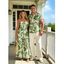 Vacation Couple Outfit Botanical Leaf Print Bowknot Off the Shoulder Jumpsuit and Shirt Set - Bleu S | US 4