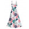 Hawaii Vacation Dress Colorblock Tropical Monstera Leaf Print Lace Hollow Out Slit Dress - Blanc M | US 6