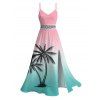 Vacation Couple Outfit Ombre Coconut Tree Print Lace Hollow Out Slit Dress and Shirt Set - Rose S | US 4