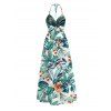 Vacation Couple Outfit Tropical Plant Floral Print Twisted Cut Out Slit Halter Dress and Shirt Set - Turquoise S | US 4