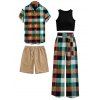Vintage Couple Outfit Textured Tank Top Multi-color Plaid Print Belt Pants and Shirt Shorts Set - multicolor A S | US 4