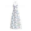 Vacation Halter Dress Porcelain Style Ditsy Floral Print Twisted Cut Out Bowknot Slit Dress - Blanc XXL | US 14