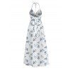 Vacation Halter Dress Porcelain Style Ditsy Floral Print Twisted Cut Out Bowknot Slit Dress - Blanc XXL | US 14