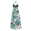 Hawaii Vacation Halter Dress Tropical Plant Floral Print Twisted Cut Out Slit Dress - Turquoise XXL | US 14