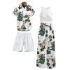 Vacation Couple Outfit Textured Tank Top Tropical Plant Print Belt Pants and Shirt Shorts Set - Blanc S | US 4