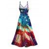 Patriotic Couple Outfit Starburst American Flag Print Lace Hollow Out Slit Dress and Shirt Set - multicolor A S | US 4