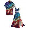 Patriotic Couple Outfit Starburst American Flag Print Lace Hollow Out Slit Dress and Shirt Set - multicolor A S | US 4