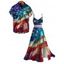 Patriotic Couple Outfit Starburst American Flag Print Lace Hollow Out Slit Dress and Shirt Set - multicolor A S | US 4