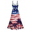 Patriotic Couple Outfit American Flag Palm Tree Print Lace Hollow Out Slit Dress and Shirt Set - multicolor A S | US 4