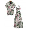 Vacation Couple Outfit Hibiscus Floral Palm Leaf Print Twisted Cut Out Slit Halter Dress and Shirt Set - Rose clair S | US 4