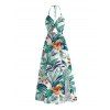 Vacation Couple Outfit Tropical Plant Floral Print Twisted Cut Out Slit Halter Dress and Shirt Set - Turquoise S | US 4