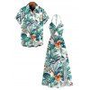 Vacation Couple Outfit Tropical Plant Floral Print Twisted Cut Out Slit Halter Dress and Shirt Set - Turquoise S | US 4