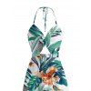 Vacation Couple Outfit Tropical Plant Floral Print Twisted Cut Out Slit Halter Dress and Shirt Set - Turquoise S | US 4