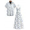 Vacation Couple Outfit Ditsy Floral Print Twisted Cut Out Slit Halter Dress and Shirt Set - Blanc S | US 4