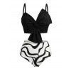 Two Piece Beach Tankini Swimsuit Twisted Bowknot Spaghetti Strap Padded Top and Colored Leaf Pattern Ruched Tummy Control Briefs Vacation Swimwear - Noir XL | US 10
