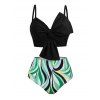 Two Piece Beach Tankini Swimsuit Twisted Bowknot Spaghetti Strap Padded Top and Colored Leaf Pattern Ruched Tummy Control Briefs Vacation Swimwear - multicolor XL | US 10