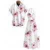 Vacation Couple Outfit Watercolor Hibiscus Floral Pattern Twisted Cut Out Slit Halter Dress and Shirt Set - Blanc S | US 4